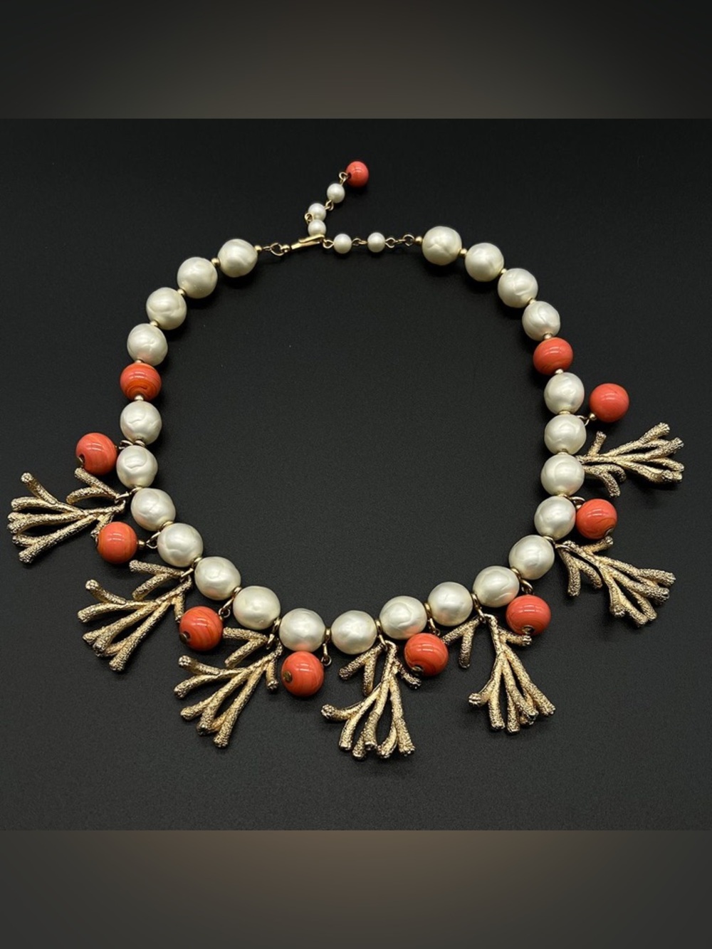 RARE NAPIER Gold Coral Branch Drop VTG Earrings with Pearl and Coral Beads - Picture 8 of 11